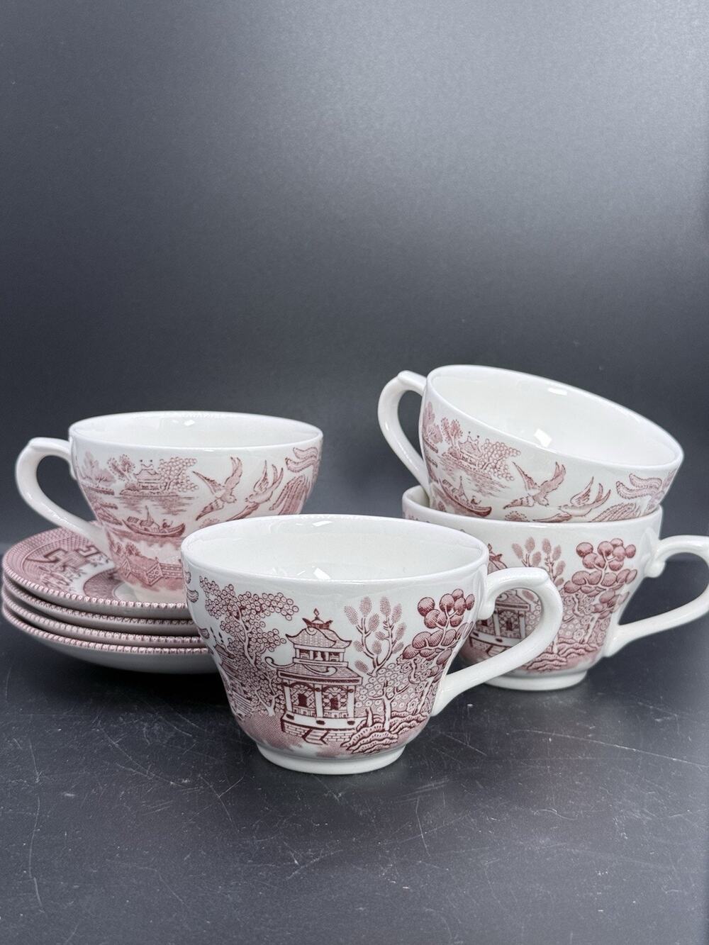 Set of 4 Churchill England Willow Rosa Pink Red Tea Cups & Saucers Vintage China